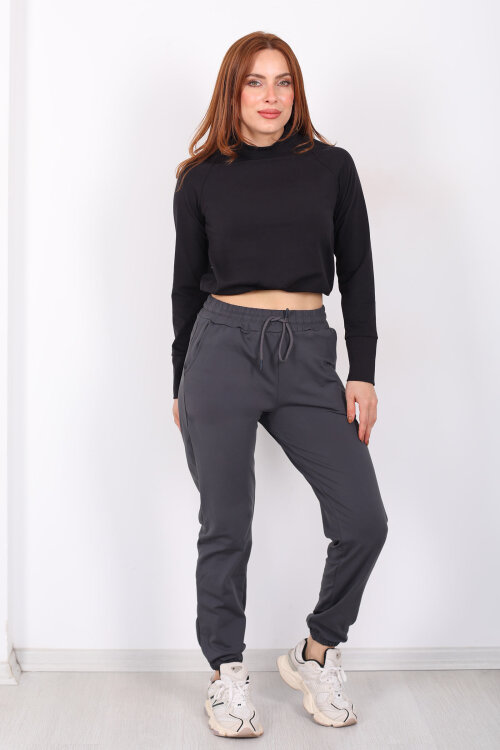 Beli Lastikli Üç İplik Antrasit Kadın Jogger Eşofman Altı - 3