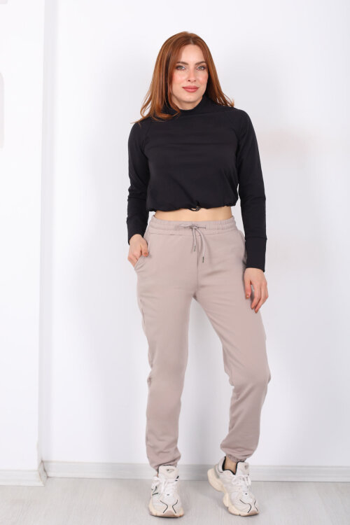 Beli Lastikli Üç İplik Bej Kadın Jogger Eşofman Altı - 5