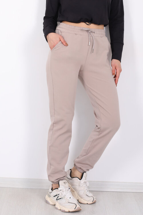 Beli Lastikli Üç İplik Bej Kadın Jogger Eşofman Altı - Berox (1)