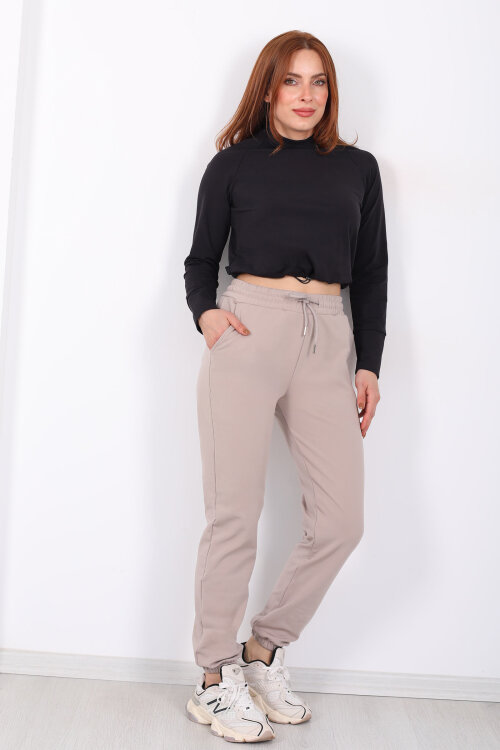 Beli Lastikli Üç İplik Bej Kadın Jogger Eşofman Altı - Berox