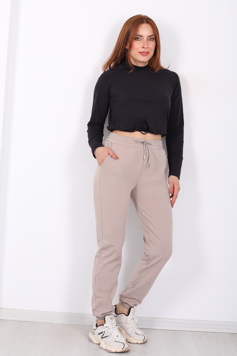 Beli Lastikli Üç İplik Bej Kadın Jogger Eşofman Altı - 1