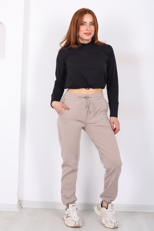 Beli Lastikli Üç İplik Bej Kadın Jogger Eşofman Altı - 3