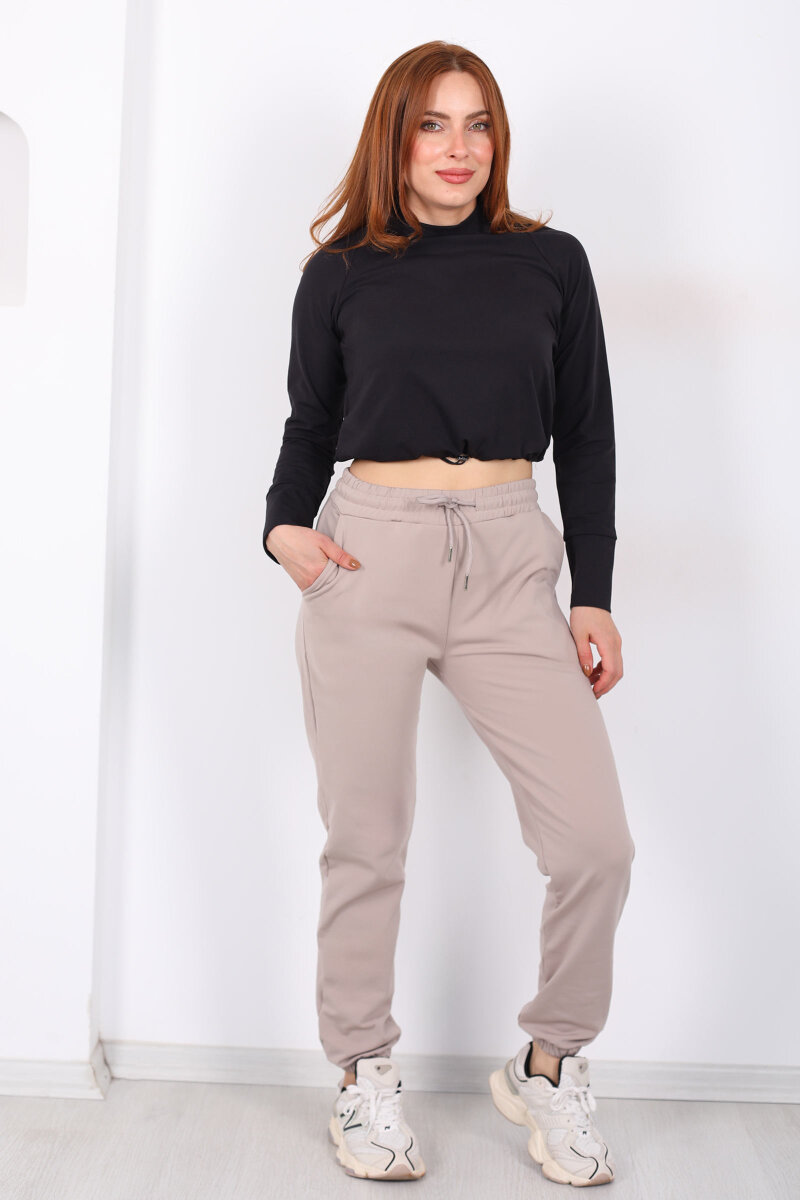 Beli Lastikli Üç İplik Bej Kadın Jogger Eşofman Altı - 3