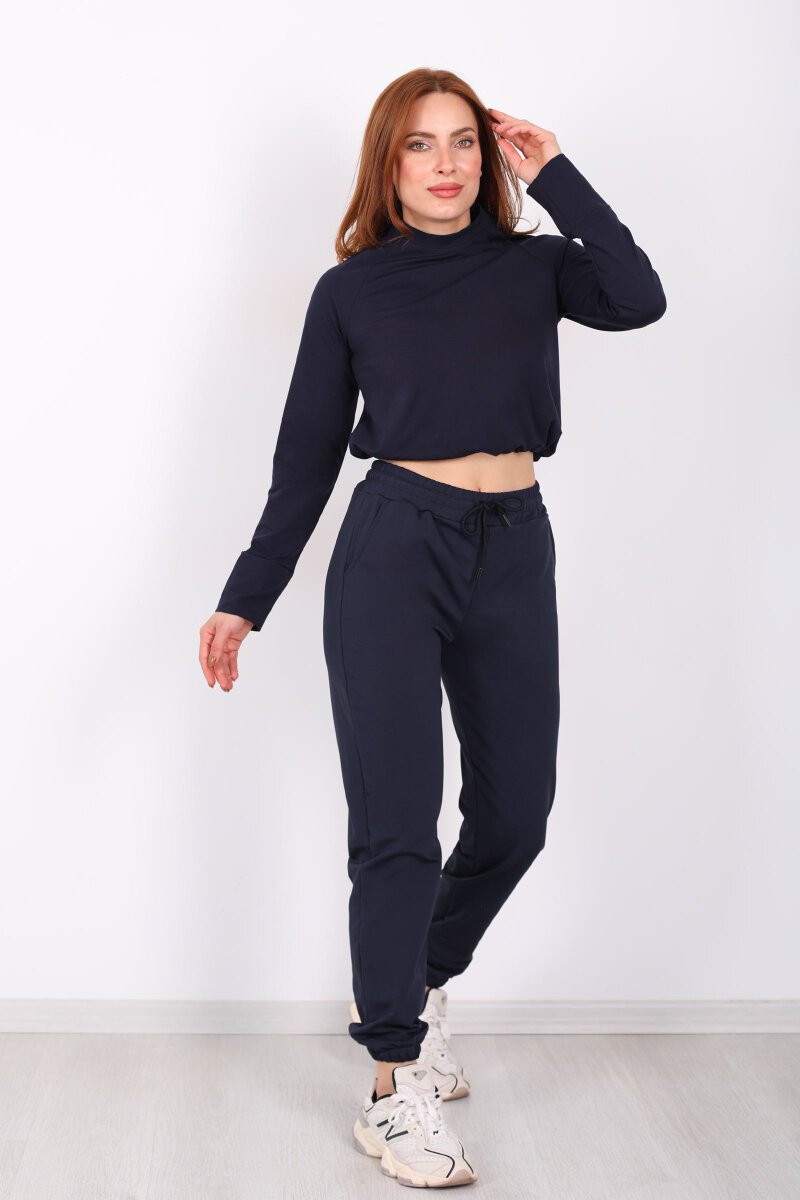 Beli Lastikli Üç İplik Lacivert Kadın Jogger Eşofman Altı - 1