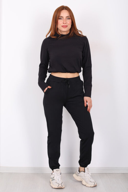 Beli Lastikli Üç İplik Siyah Kadın Jogger Eşofman Altı - 4