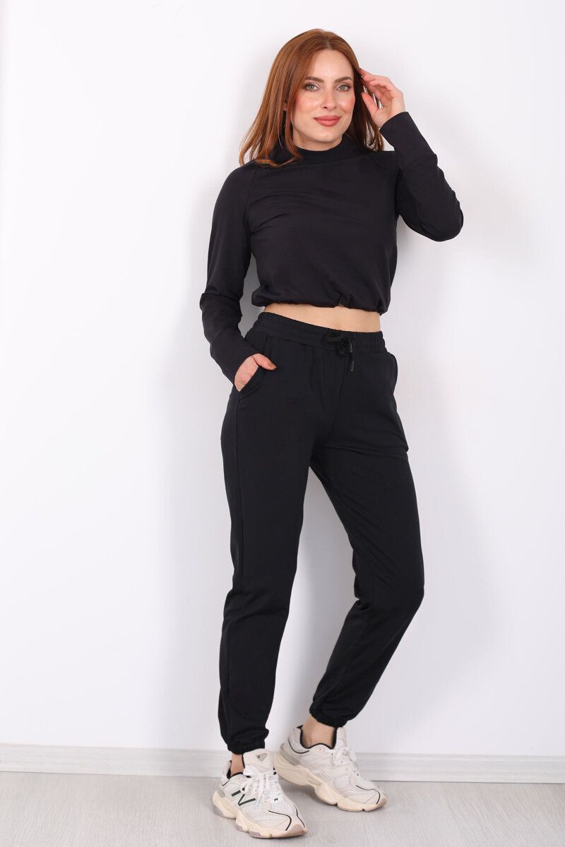 Beli Lastikli Üç İplik Siyah Kadın Jogger Eşofman Altı - 1