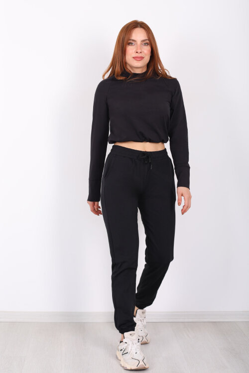 Beli Lastikli Üç İplik Siyah Kadın Jogger Eşofman Altı - 6