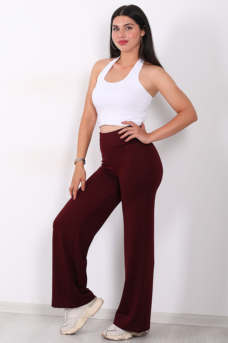 Beli Lastikli Yüksek Bel Bordo Kadın Modal Pantolon - 1