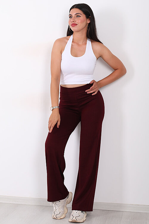 Beli Lastikli Yüksek Bel Bordo Kadın Modal Pantolon - 4