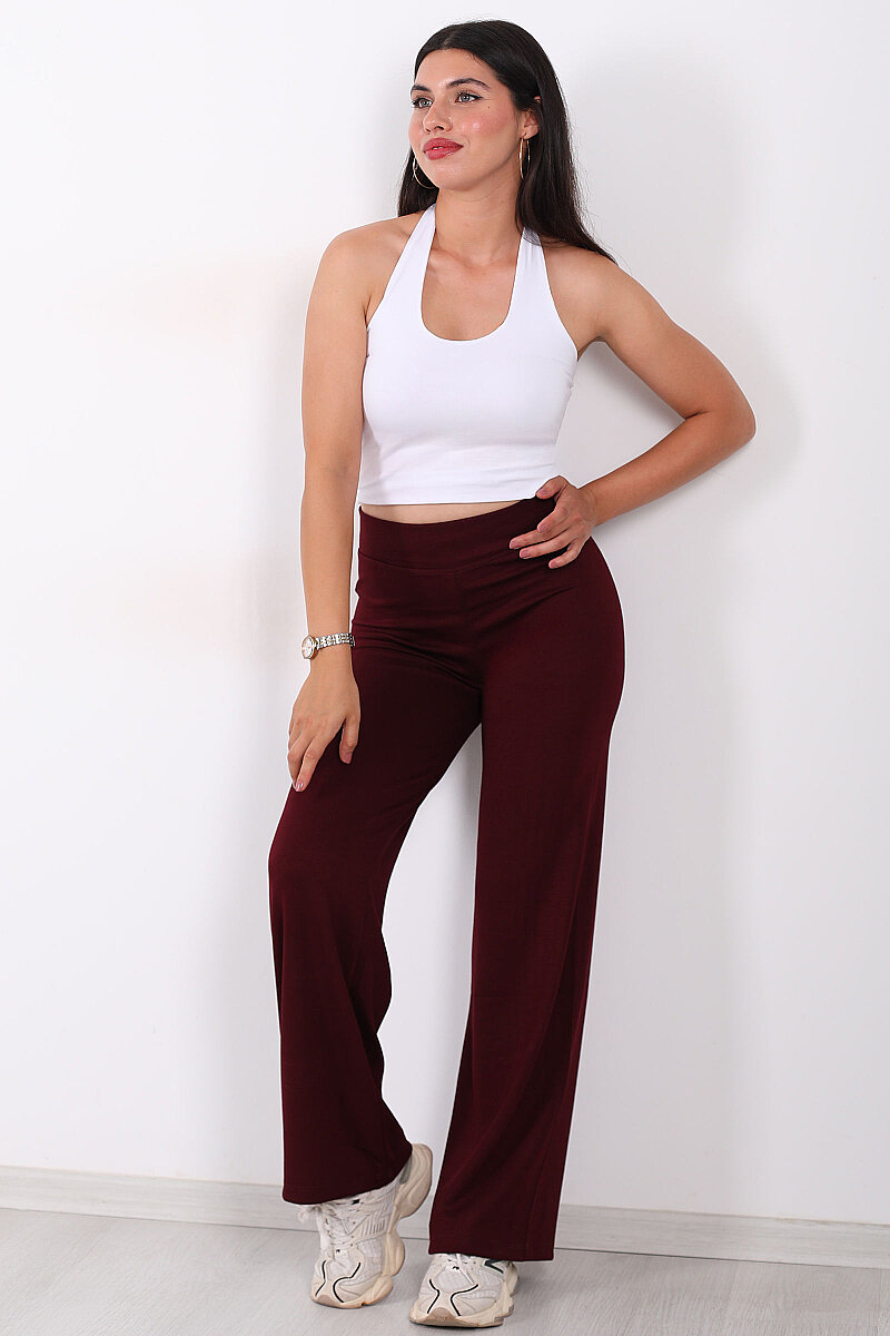 Beli Lastikli Yüksek Bel Bordo Kadın Modal Pantolon - 4