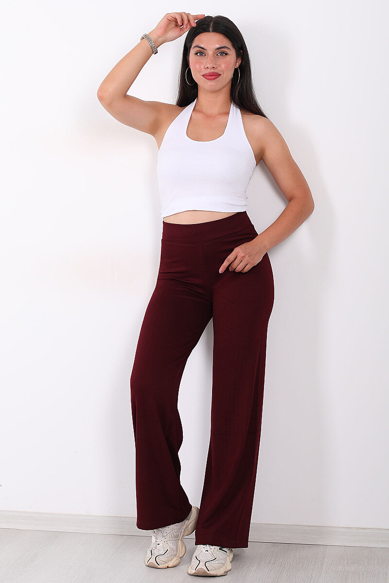 Beli Lastikli Yüksek Bel Bordo Kadın Modal Pantolon - 3