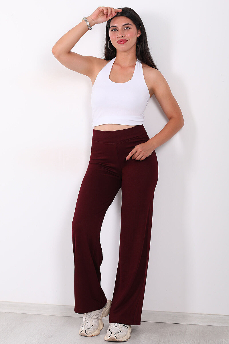 Beli Lastikli Yüksek Bel Bordo Kadın Modal Pantolon - 6