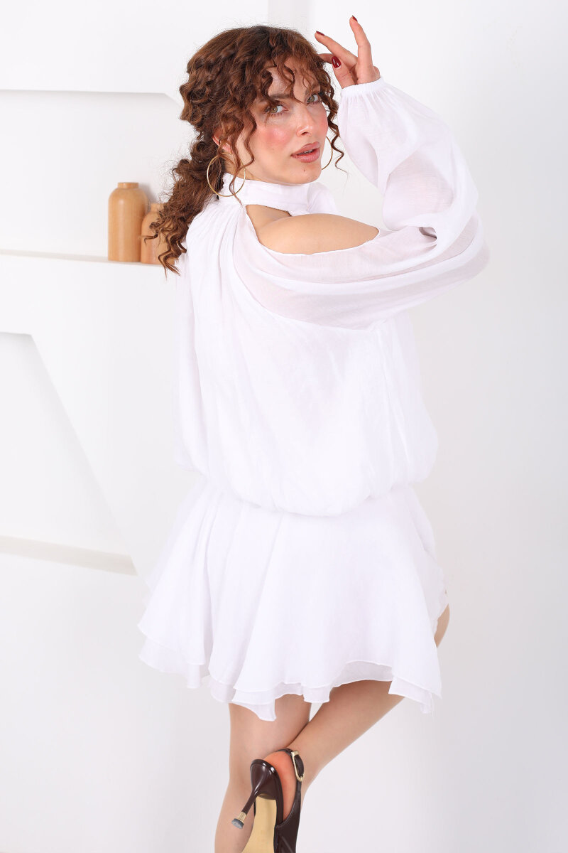 Beli Nervürlü Volanlı Kadın Beyaz Mini Şort Etek - 5