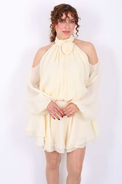 Beli Nervürlü Volanlı Kadın Sarı Mini Şort Etek - 4