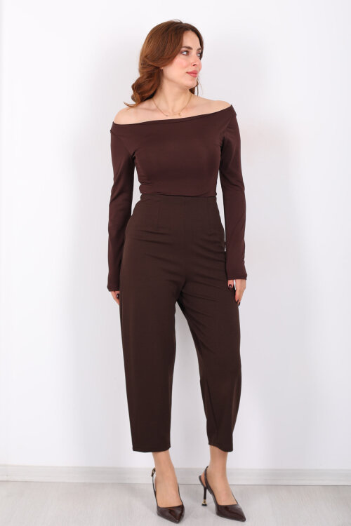 Beli Pensli Balon Acı Kahve Kadın Krep Pantolon - 5