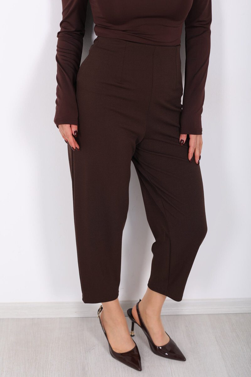 Beli Pensli Balon Acı Kahve Kadın Krep Pantolon - 2