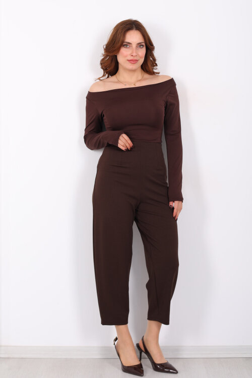 Beli Pensli Balon Acı Kahve Kadın Krep Pantolon - 3