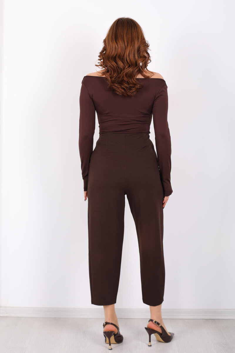 Beli Pensli Balon Acı Kahve Kadın Krep Pantolon - 4