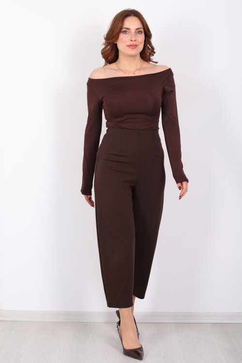 Beli Pensli Balon Acı Kahve Kadın Krep Pantolon 