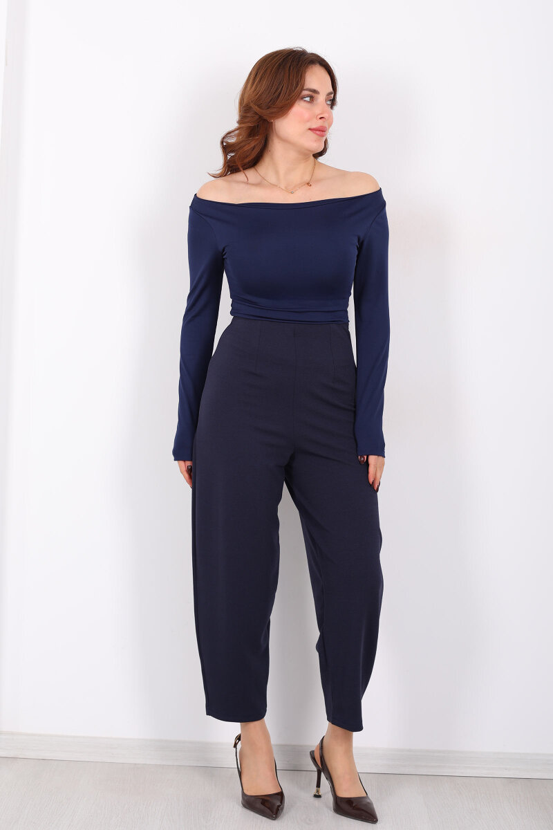 Beli Pensli Balon Lacivert Kadın Krep Pantolon - 6