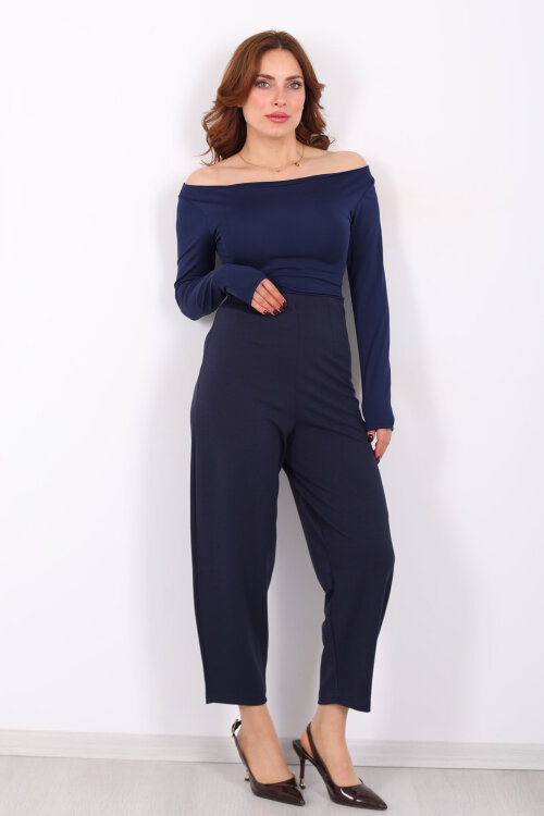 Beli Pensli Balon Lacivert Kadın Krep Pantolon - 4