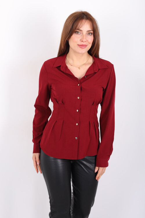 Beli Pileli Gold Düğmeli Bordo Kadın Gömlek - 4
