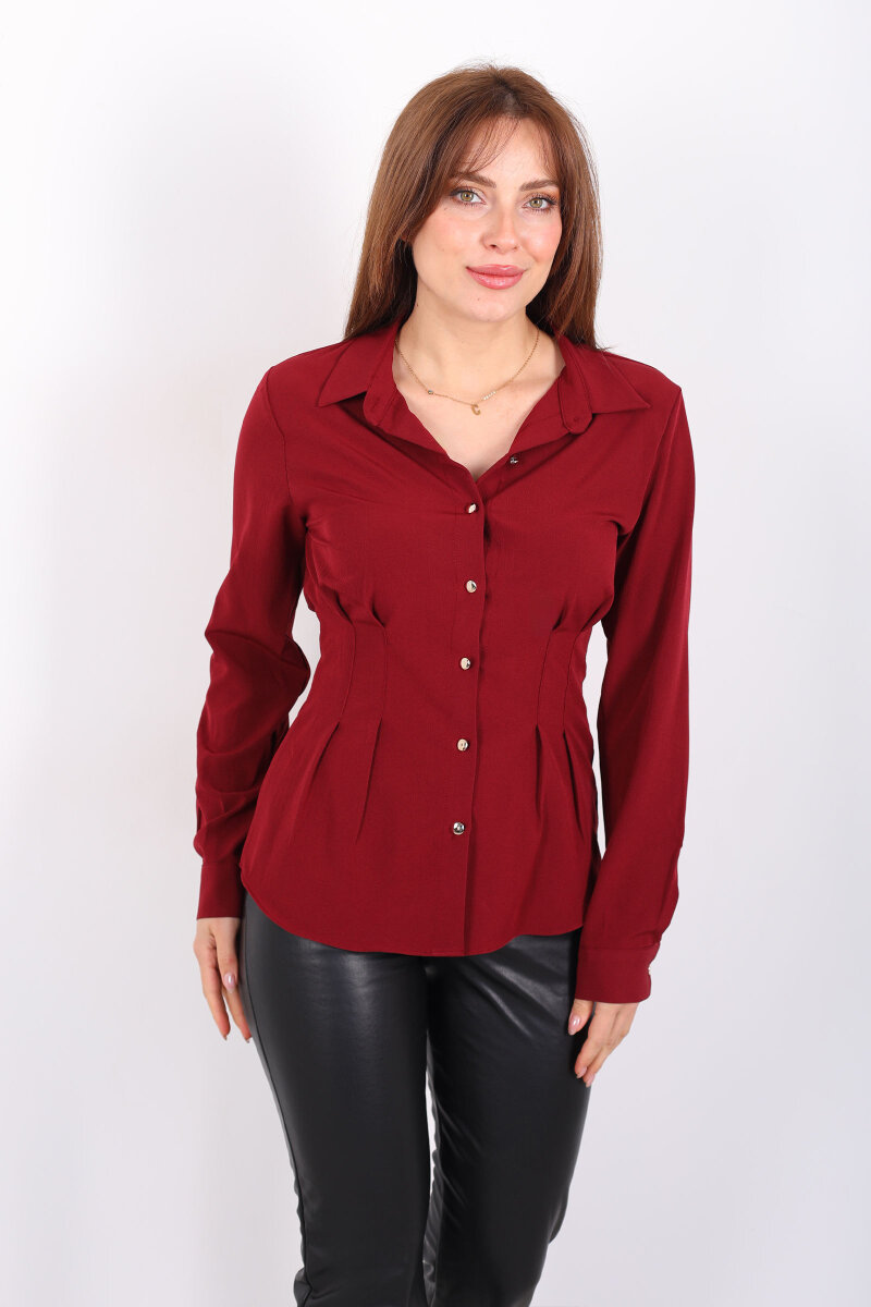 Beli Pileli Gold Düğmeli Bordo Kadın Gömlek - 4