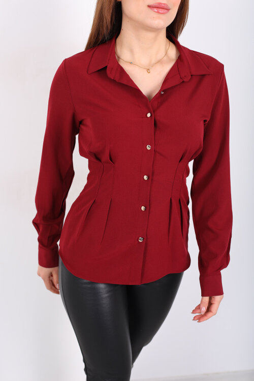 Beli Pileli Gold Düğmeli Bordo Kadın Gömlek - Berox (1)