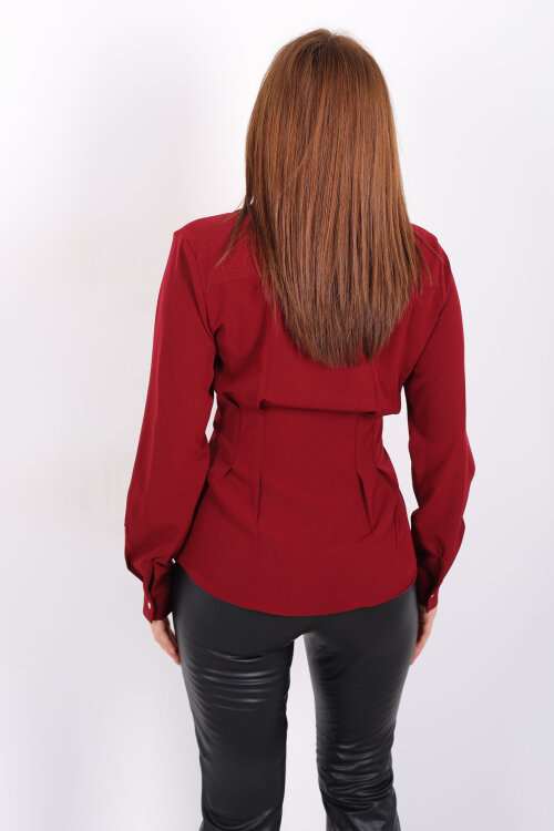 Beli Pileli Gold Düğmeli Bordo Kadın Gömlek - 5