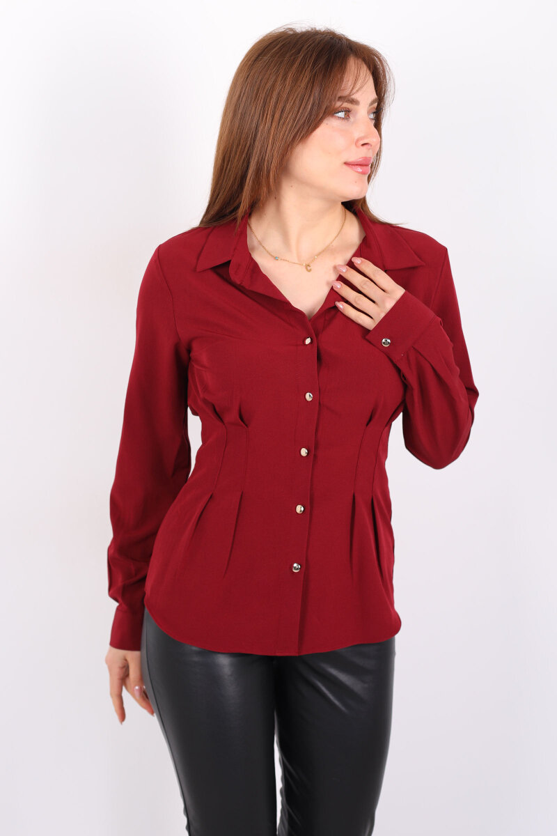 Beli Pileli Gold Düğmeli Bordo Kadın Gömlek - 1