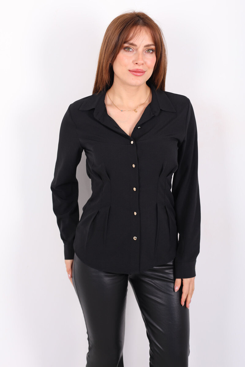Beli Pileli Gold Düğmeli Siyah Kadın Gömlek - 6