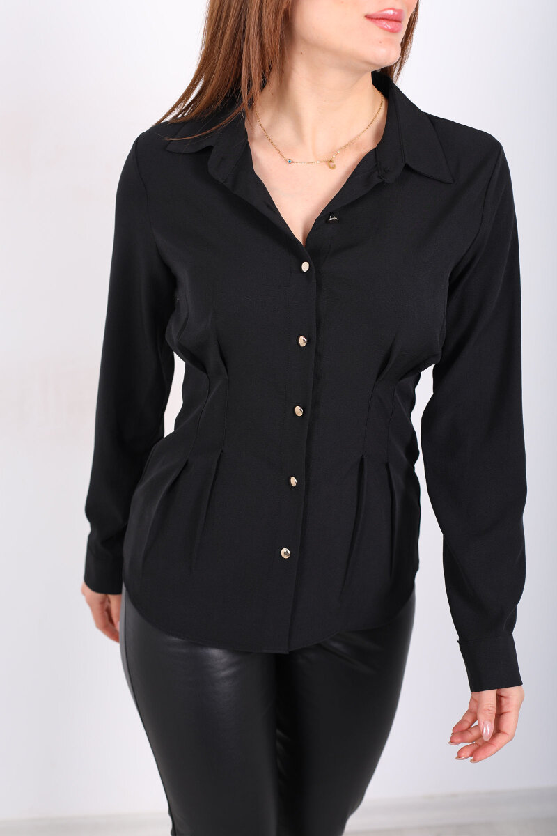 Beli Pileli Gold Düğmeli Siyah Kadın Gömlek - 2