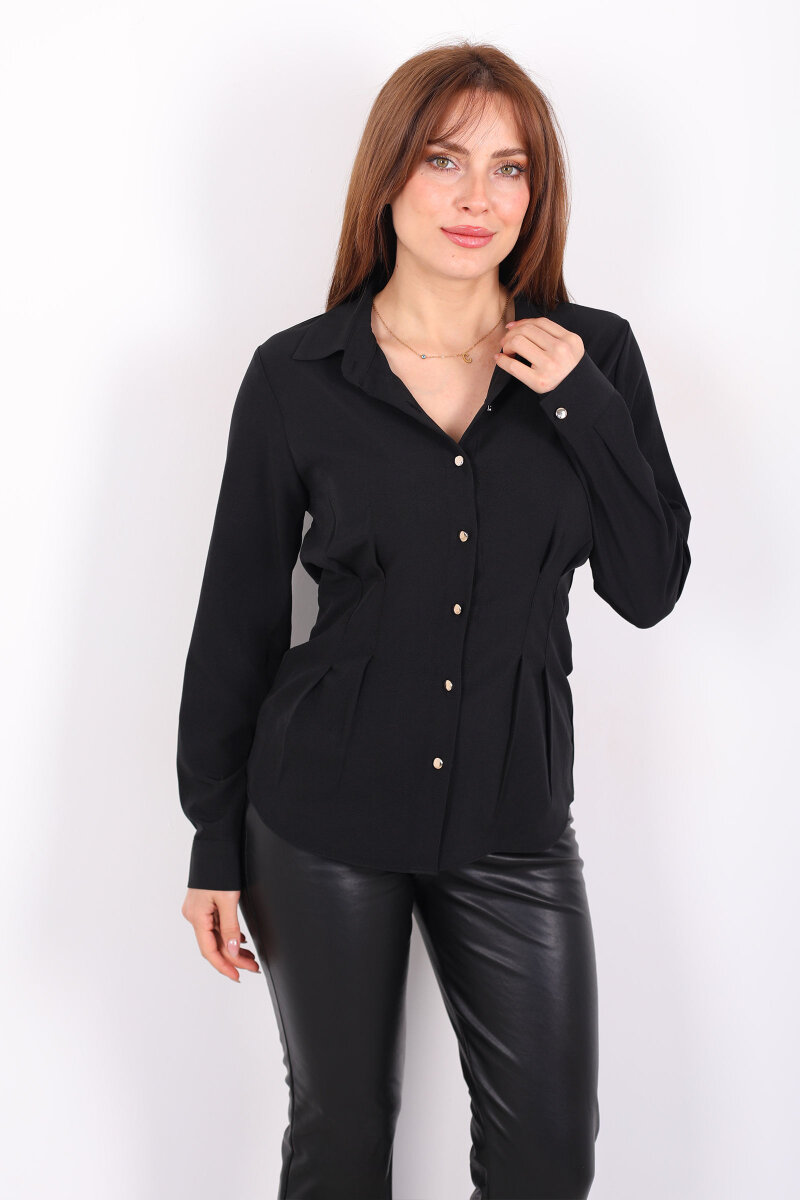 Beli Pileli Gold Düğmeli Siyah Kadın Gömlek - 1