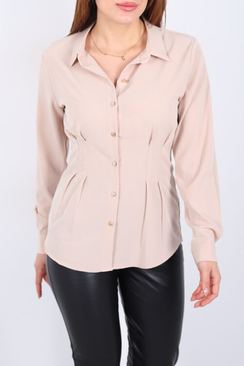 Beli Pileli Gold Düğmeli Taş Rengi Kadın Gömlek - Berox (1)