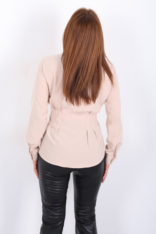 Beli Pileli Gold Düğmeli Taş Rengi Kadın Gömlek - 5