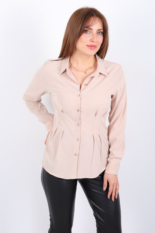 Beli Pileli Gold Düğmeli Taş Rengi Kadın Gömlek - Berox