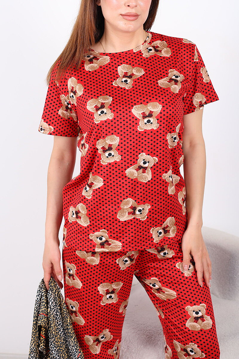 Benek ve Ayıcıklı Bisiklet Yaka Kırmızı Kadın Pijama Takımı - 2