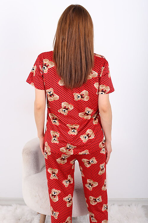 Benek ve Ayıcıklı Bisiklet Yaka Kırmızı Kadın Pijama Takımı - 6