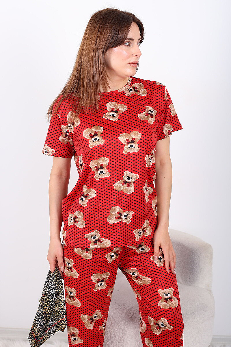 Benek ve Ayıcıklı Bisiklet Yaka Kırmızı Kadın Pijama Takımı - 4