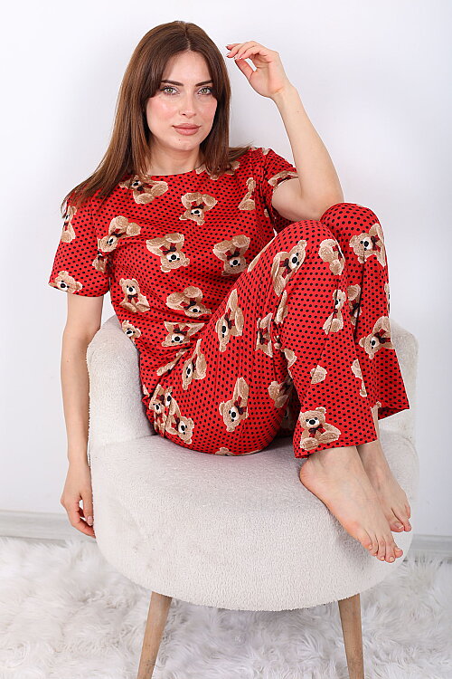 Benek ve Ayıcıklı Bisiklet Yaka Kırmızı Kadın Pijama Takımı - 5