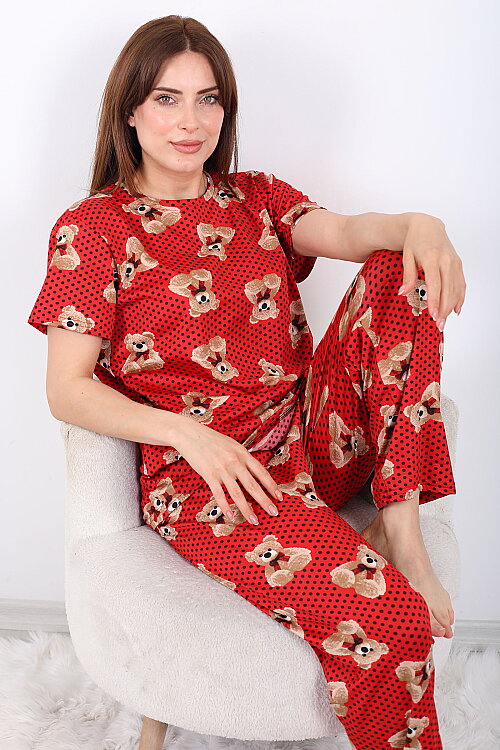 Benek ve Ayıcıklı Bisiklet Yaka Kırmızı Kadın Pijama Takımı - 3