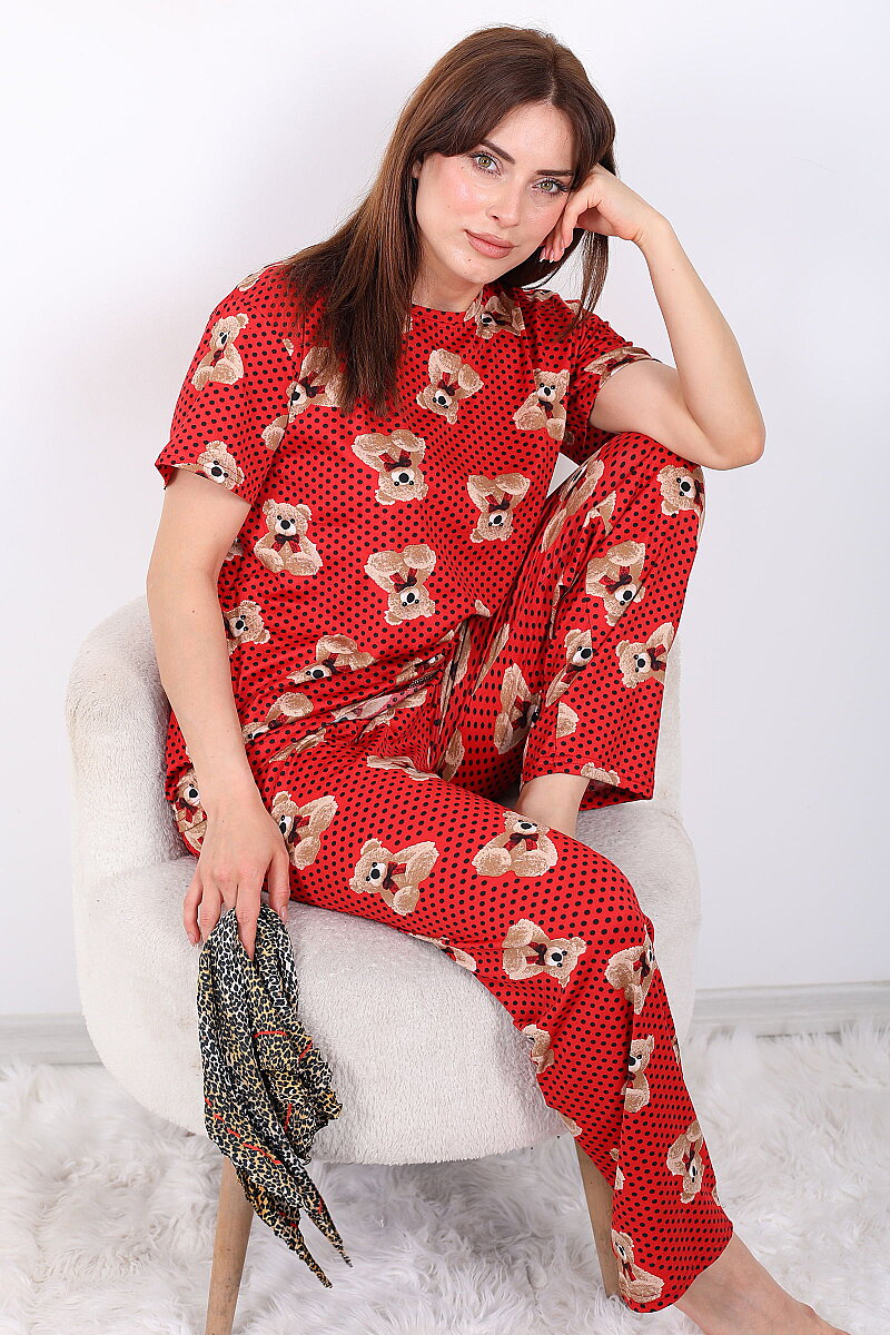Benek ve Ayıcıklı Bisiklet Yaka Kırmızı Kadın Pijama Takımı - 1