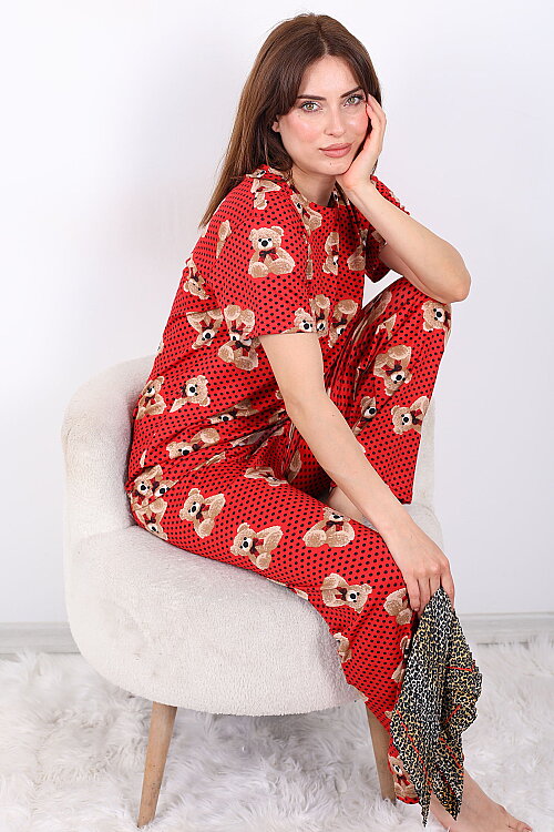 Benek ve Ayıcıklı Bisiklet Yaka Kırmızı Kadın Pijama Takımı - 7