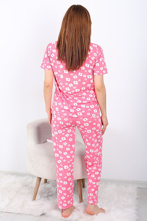 Beyaz Çiçek Desenli Bisiklet Yaka Pembe Kadın Pijama Takımı - 4