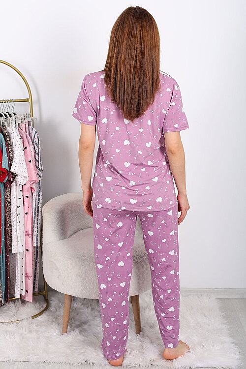 Beyaz Kalp Desenli Düğmeli Lila Kadın Pijama Takımı - 6