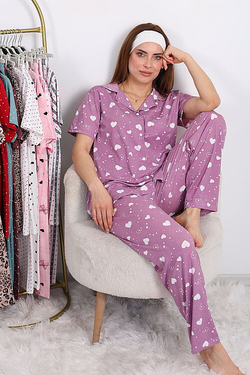 Beyaz Kalp Desenli Düğmeli Lila Kadın Pijama Takımı 