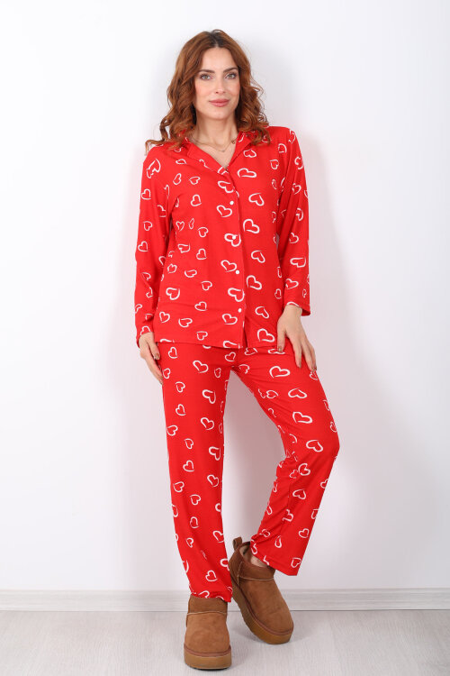Beyaz Kalp Detaylı Kırmızı Kadın Yumoş Pijama Takım - 6
