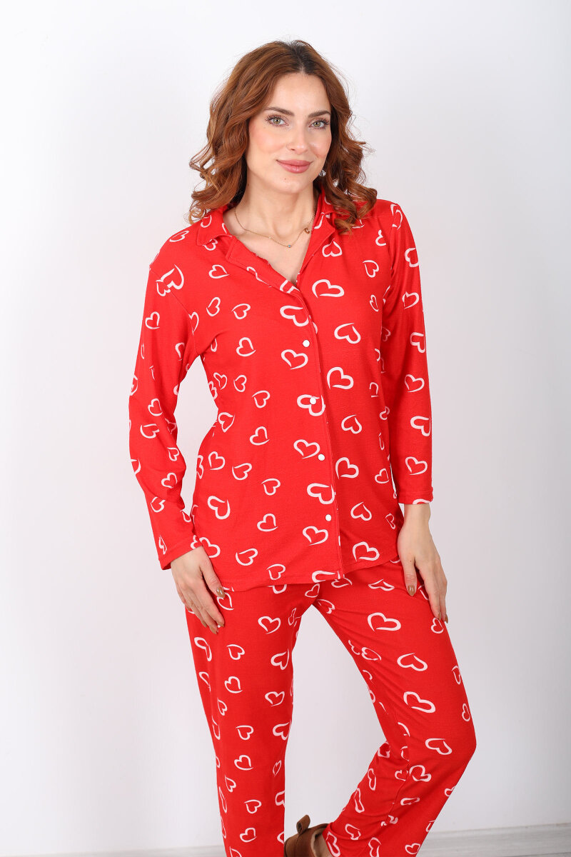 Beyaz Kalp Detaylı Kırmızı Kadın Yumoş Pijama Takım - 3