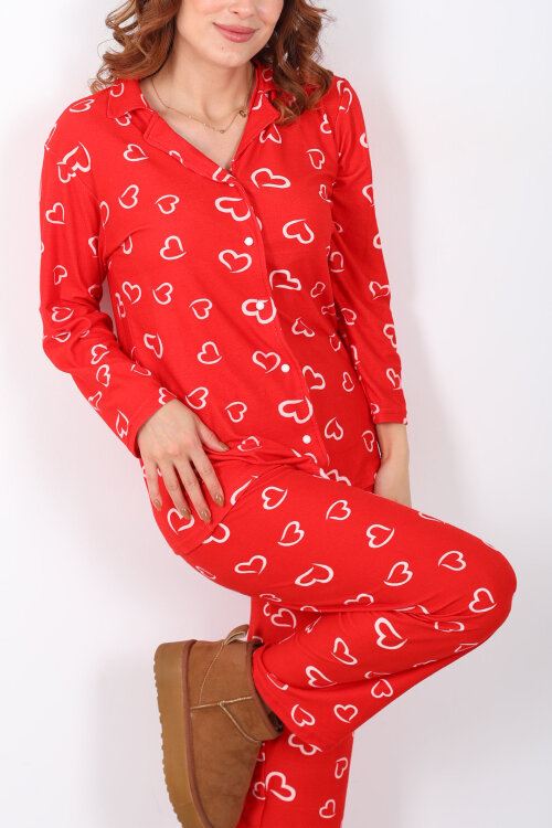 Beyaz Kalp Detaylı Kırmızı Kadın Yumoş Pijama Takım - Berox (1)
