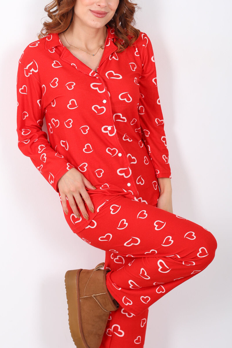 Beyaz Kalp Detaylı Kırmızı Kadın Yumoş Pijama Takım - 2